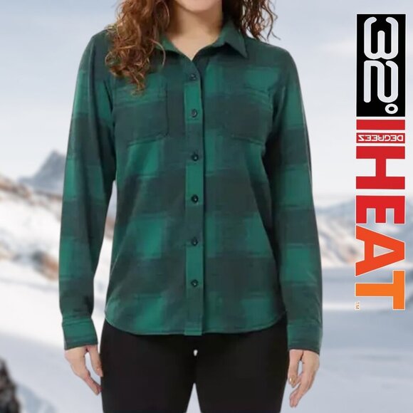 32 Degrees Heat | Cozy Knit Fleece Button Down Flannel | Green + Black | NWT - Picture 1 of 3